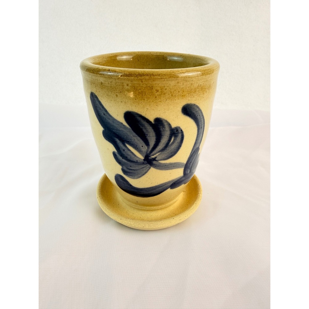 Maple City Pottery Stoneware Planter Blue Cobalt Floral Salt Glaze Monmouth IL